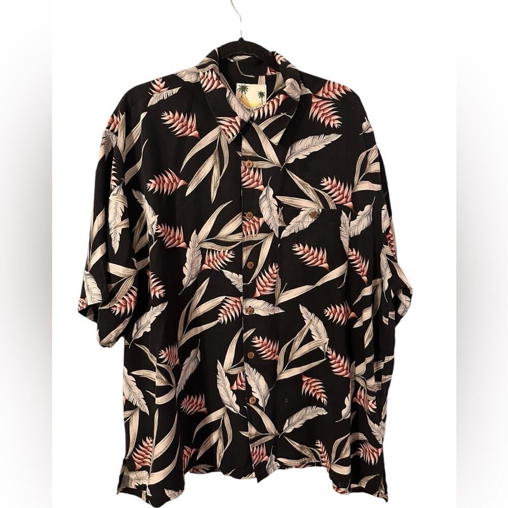 Banana Cabana Tropical Leaves 100% Silk Button Down Short Sleeve Top Size XXL